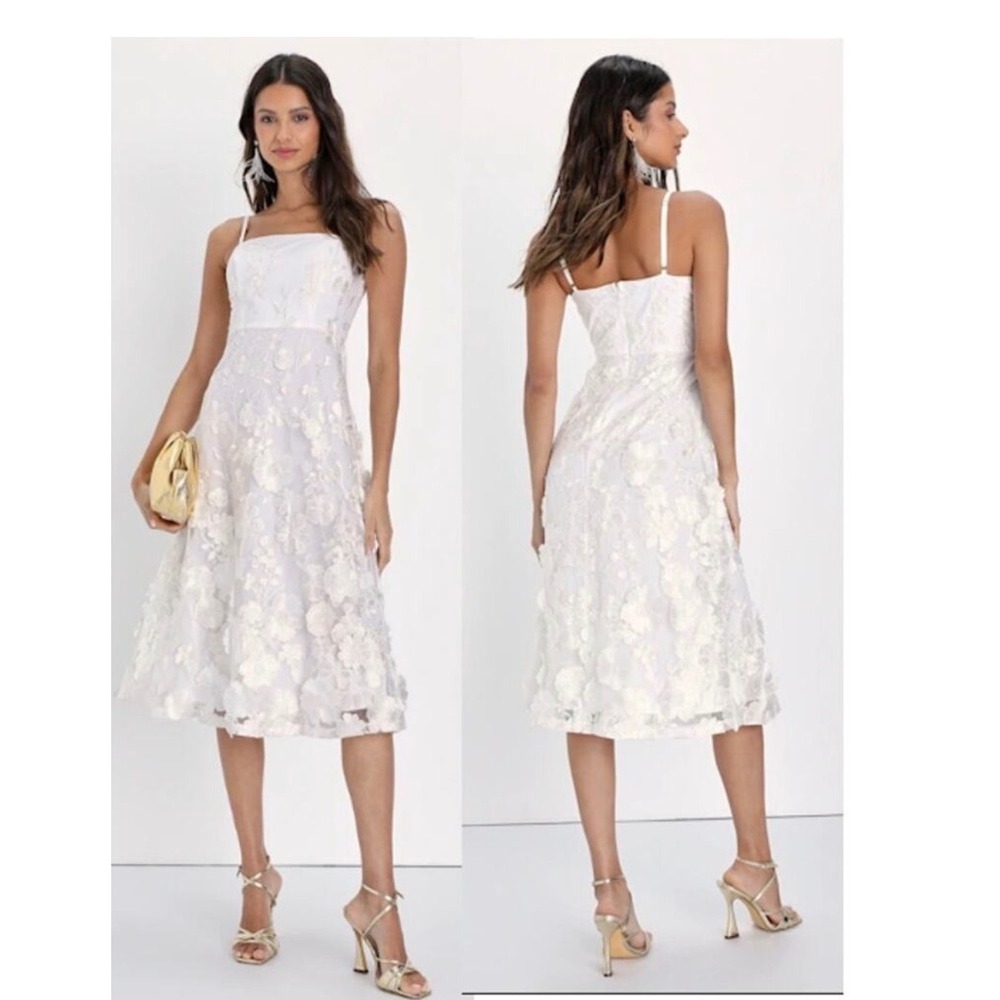 Lulus White Floral 3D Embroidered Organza Midi Dress Fairycore Woman's Large NWT - Picture 3 of 17